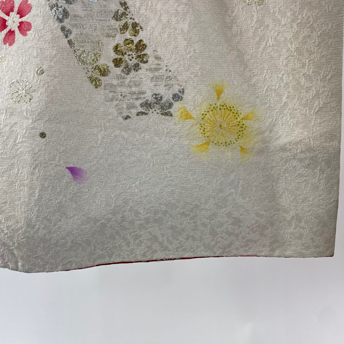 振袖禮服 身長170cm 袖長67.5cm L 雙層 牡丹 櫻花 刺繡 金銀彩 奶油色 純蠶絲 逸品級