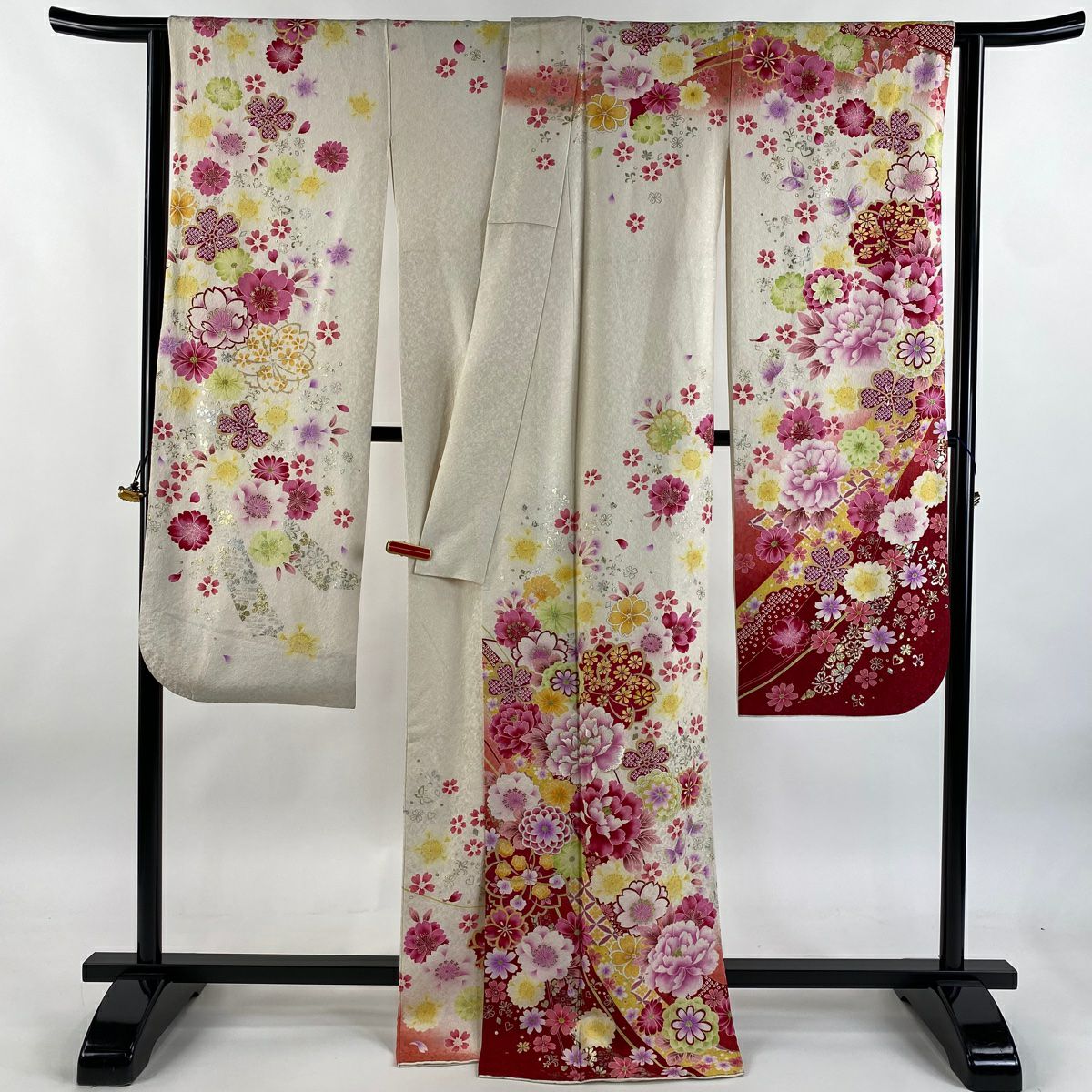 振袖禮服 身長170cm 袖長67.5cm L 雙層 牡丹 櫻花 刺繡 金銀彩 奶油色 純蠶絲 逸品級