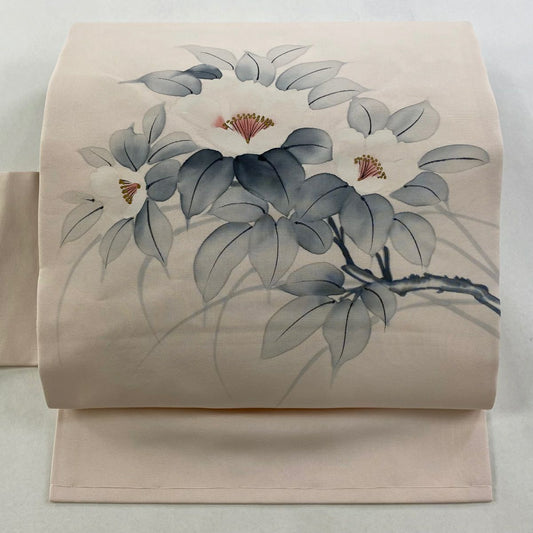 名古屋帶 優品級 附有落款 草花紋紋 金彩裝飾 淺粉色 純蠶絲