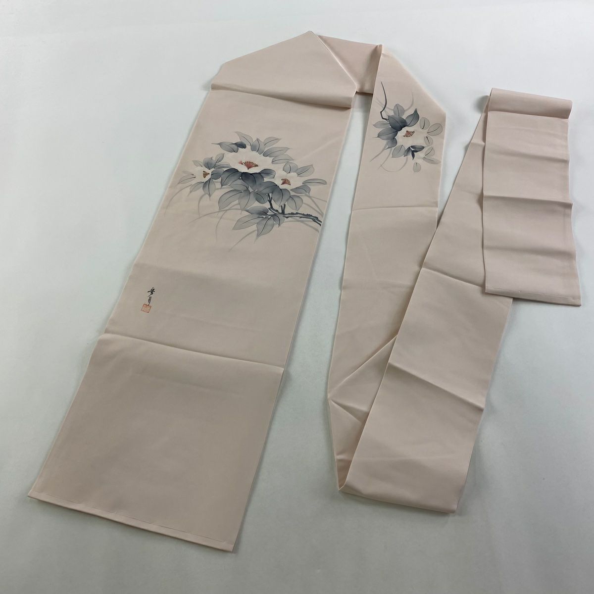 名古屋帶 優品級 附有落款 草花紋紋 金彩裝飾 淺粉色 純蠶絲