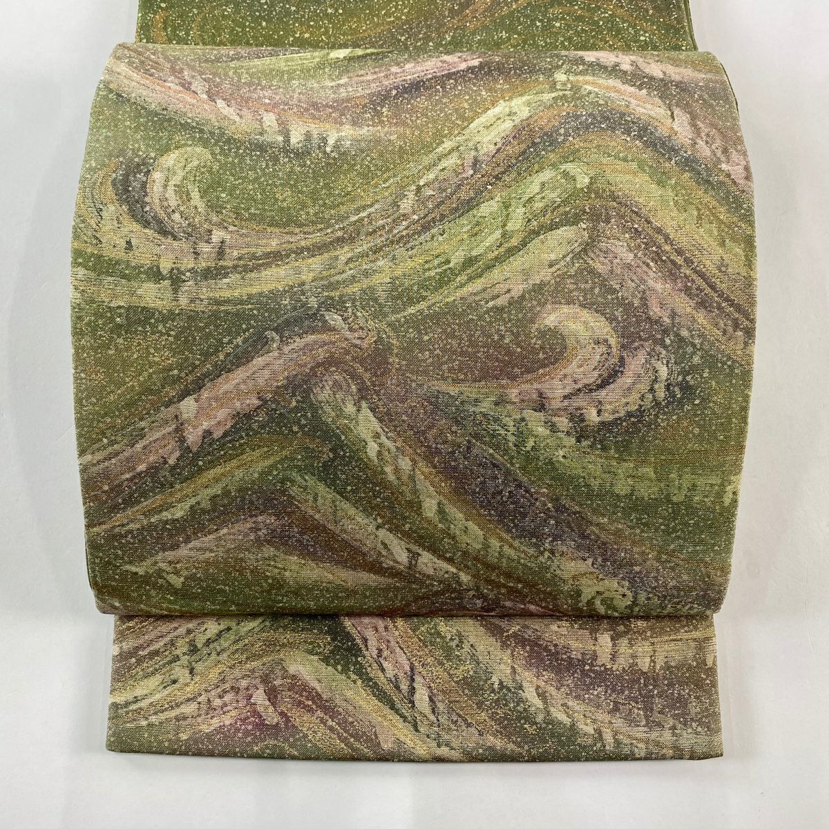 【美品】 袋帶 秀品級 波 波頭 金糸 金金箔 鶯色 大鼓圖案 純蠶絲