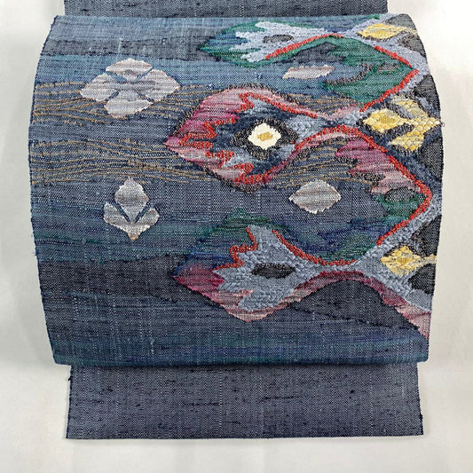 【美品】 名古屋帶 秀品級 松樹葉仕立 八寸名古屋帶 草花紋紋 幾何學圖案 金線 青灰色 純蠶絲