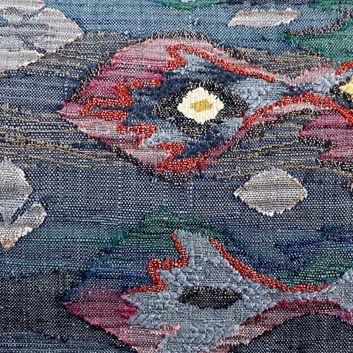【美品】 名古屋帶 秀品級 松樹葉仕立 八寸名古屋帶 草花紋紋 幾何學圖案 金線 青灰色 純蠶絲
