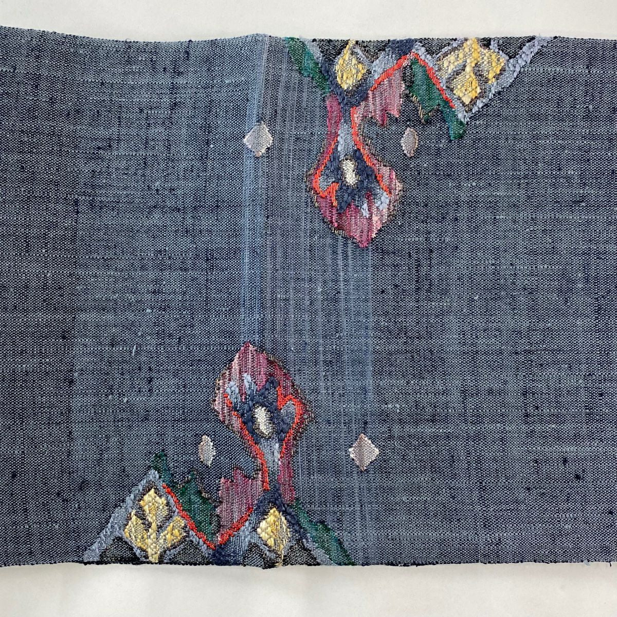 【美品】 名古屋帶 秀品級 松樹葉仕立 八寸名古屋帶 草花紋紋 幾何學圖案 金線 青灰色 純蠶絲