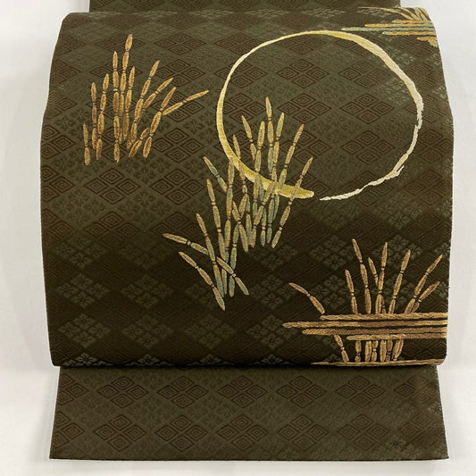 【美品】 袋帶 名品級 木賊 花菱 金糸 刺繡 茶綠 お太鼓圖案 純蠶絲