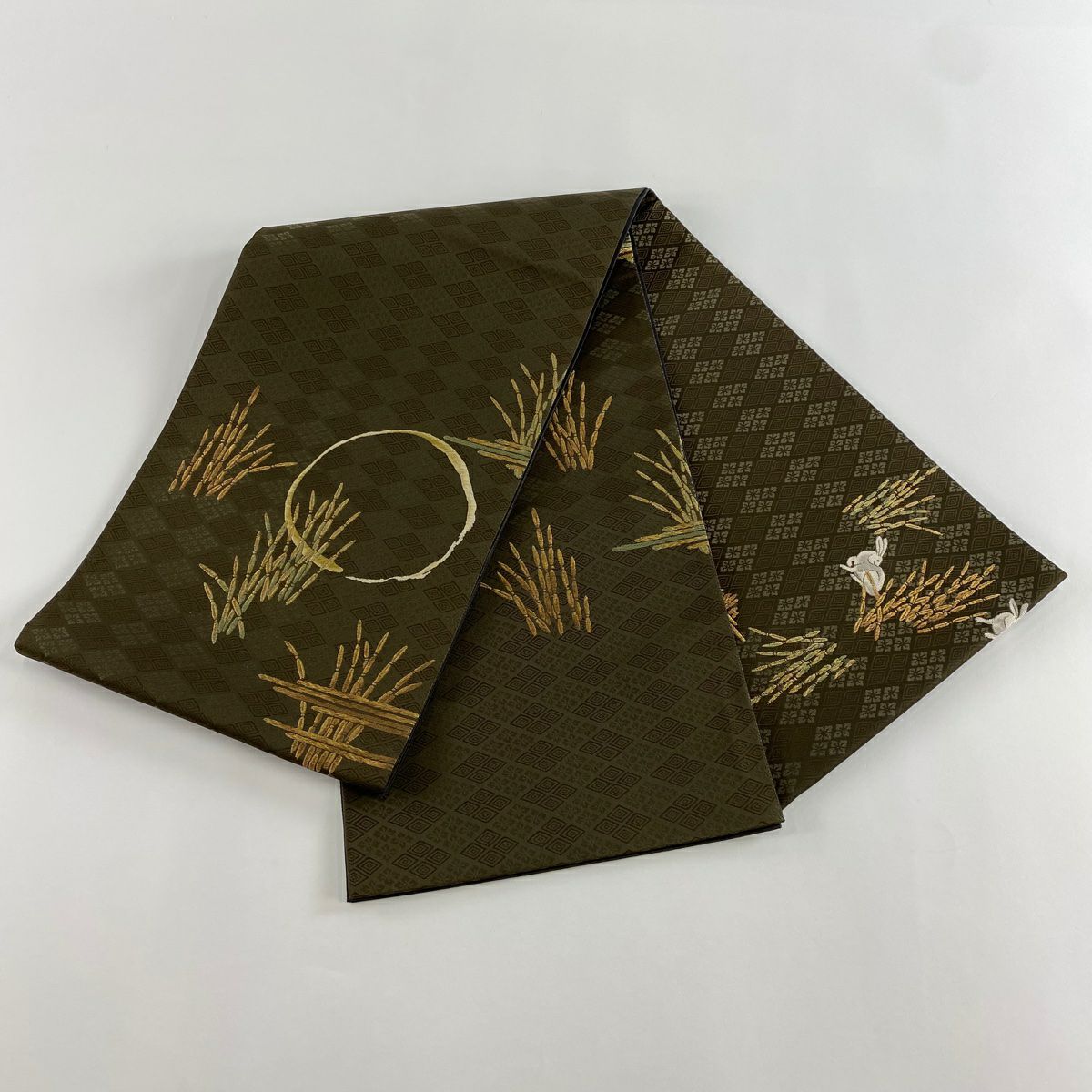 【美品】 袋帶 名品級 木賊 花菱 金糸 刺繡 茶綠 お太鼓圖案 純蠶絲