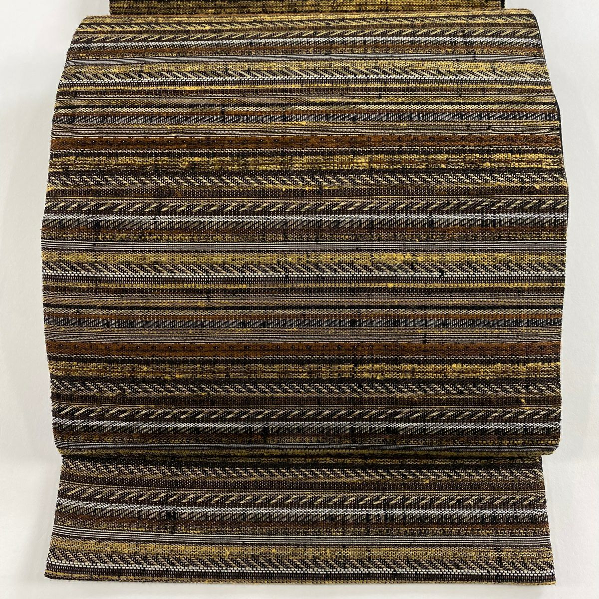 【美品】 袋帶 名品級 縞 金糸 茶 全通 純蠶絲