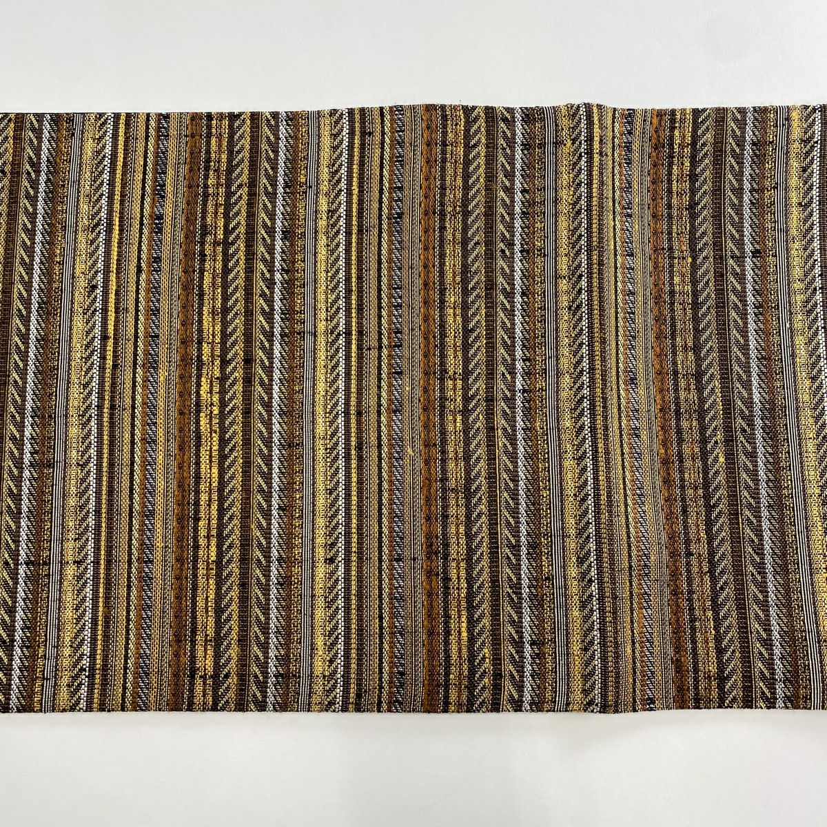 【美品】 袋帶 名品級 縞 金糸 茶 全通 純蠶絲