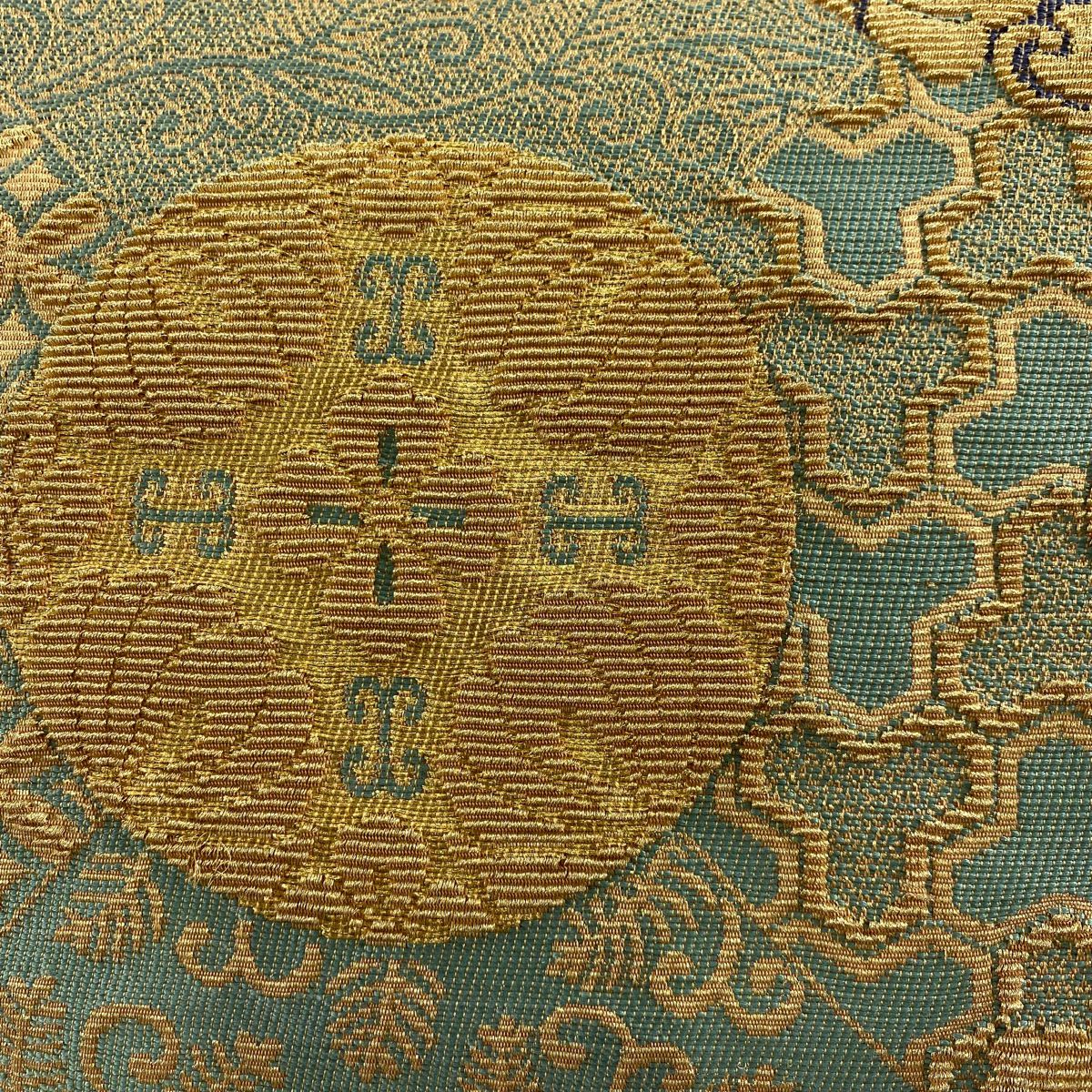 【庫存清倉】 袋帶 名品級 華紋 有職紋樣 金絲 灰綠 六通 純蠶絲