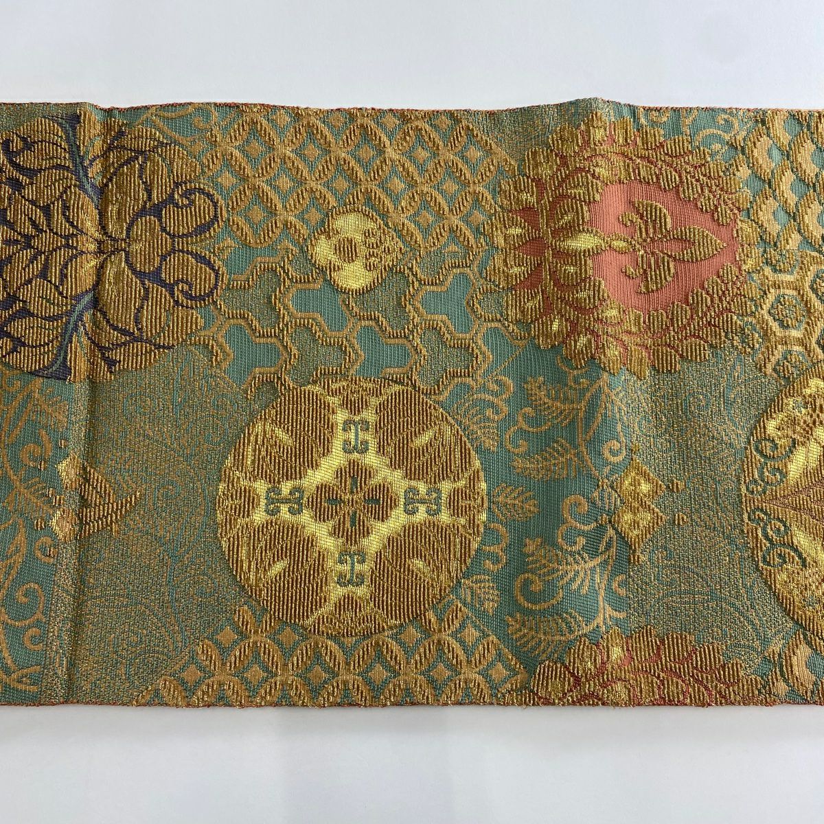 【庫存清倉】 袋帶 名品級 華紋 有職紋樣 金絲 灰綠 六通 純蠶絲