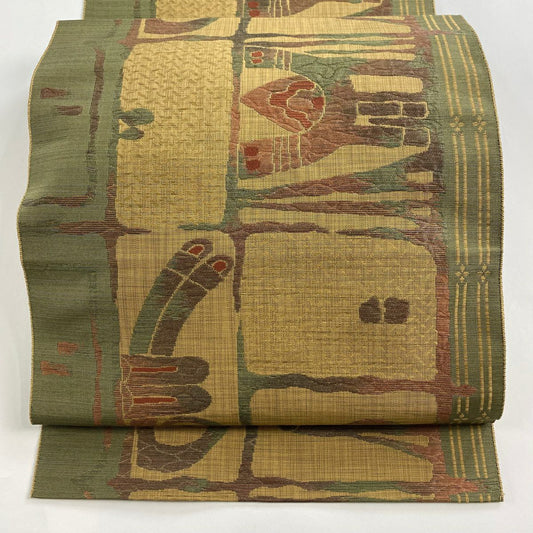 【美品】名古屋帶 優品級 松樹葉仕立 八寸名古屋帶 紬織織 幾何學圖案 山吹茶 純蠶絲