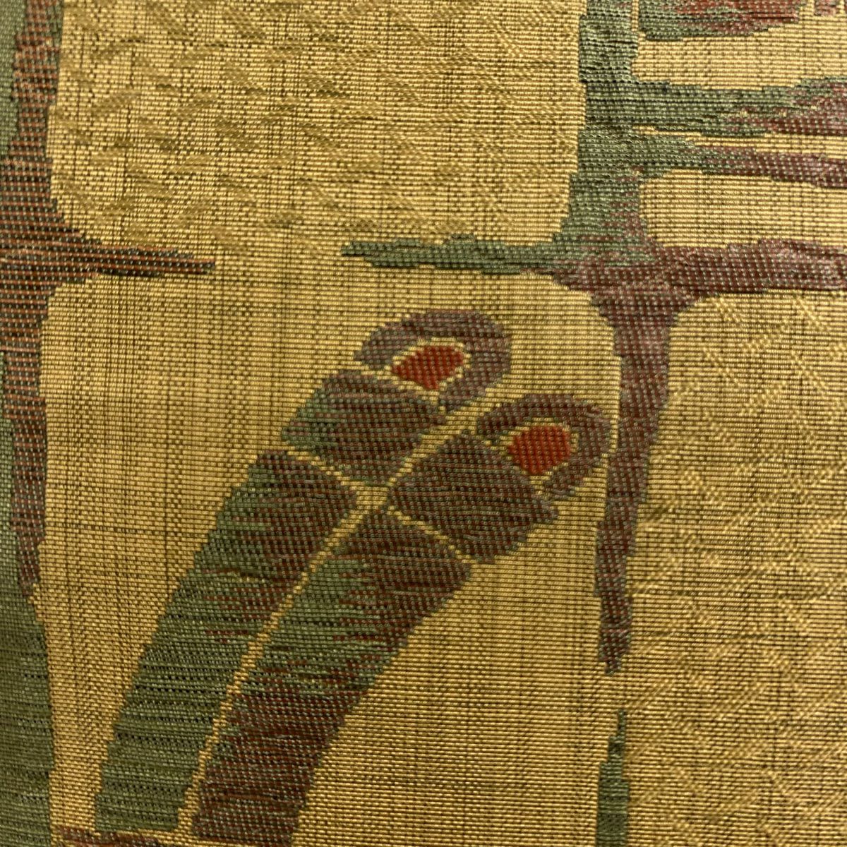 【美品】名古屋帶 優品級 松樹葉仕立 八寸名古屋帶 紬織織 幾何學圖案 山吹茶 純蠶絲