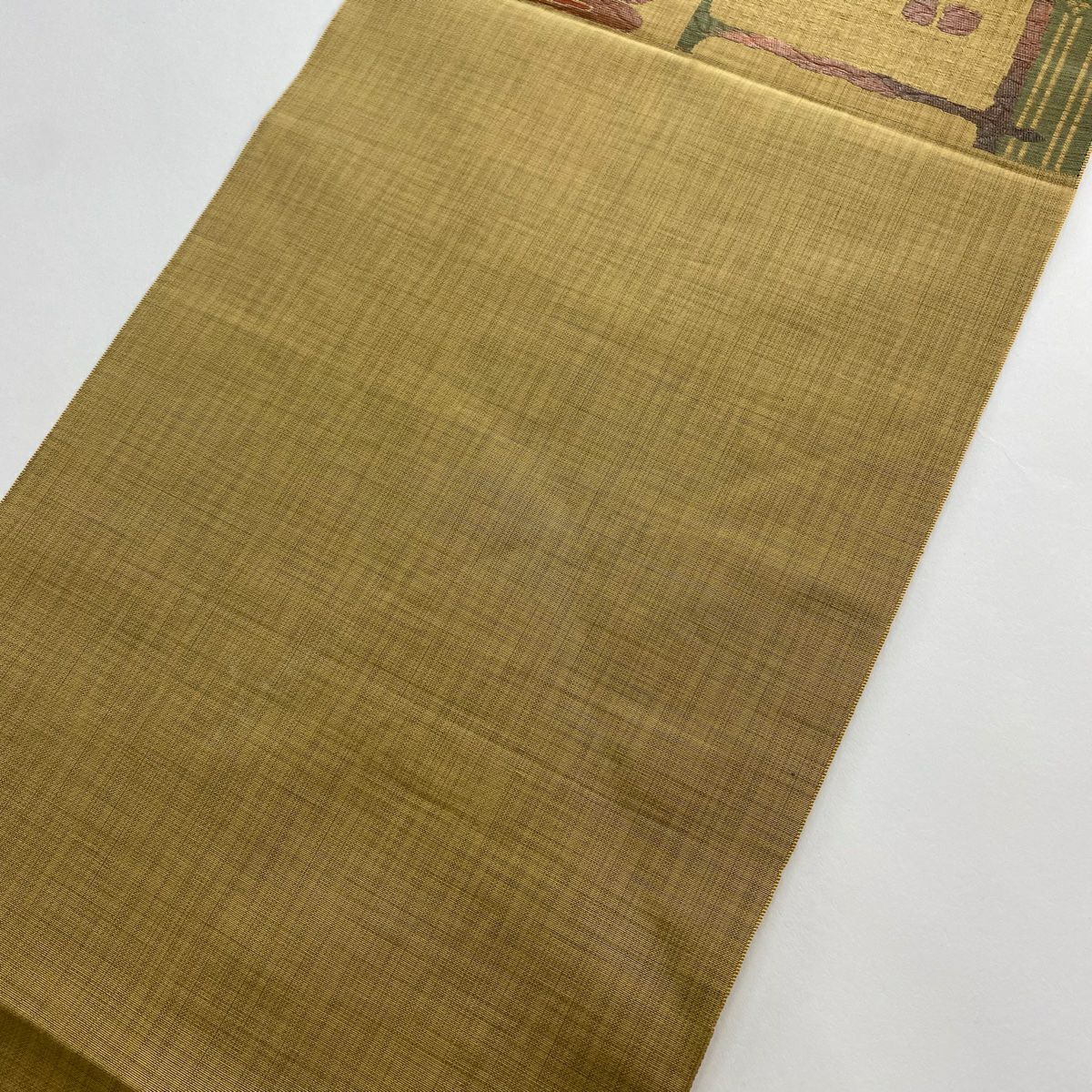 【美品】名古屋帶 優品級 松樹葉仕立 八寸名古屋帶 紬織織 幾何學圖案 山吹茶 純蠶絲