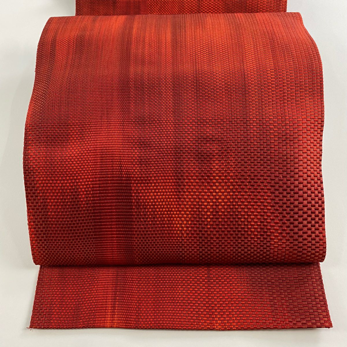 【美品】 名古屋帶 優品級 八寸名古屋帶 松樹葉仕立 雙層仕立 幾何學圖案 朱 純蠶絲