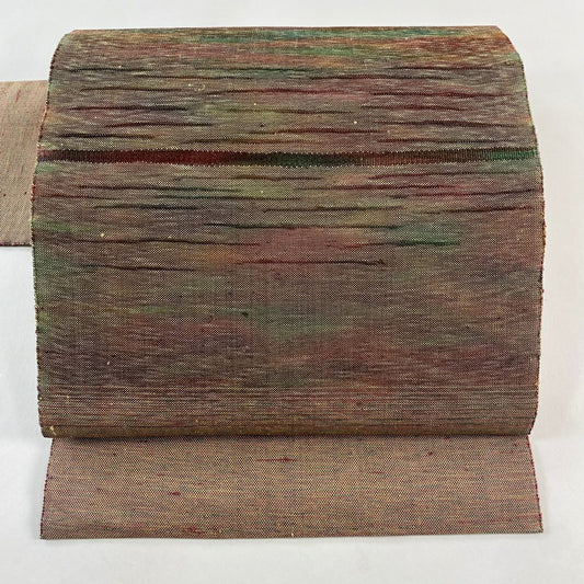 【美品】 名古屋帶 優品級 八寸名古屋帶 紬織織 霞 幾何學圖案 紅紫 純蠶絲
