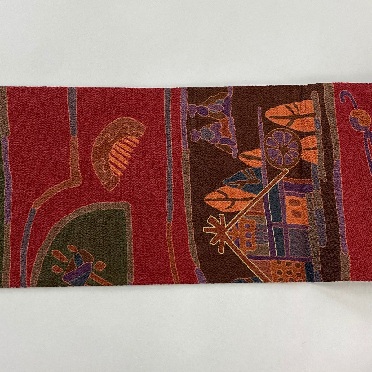 名古屋帶 優品級 圍爐 家屋 縮緬 紅紫 純蠶絲