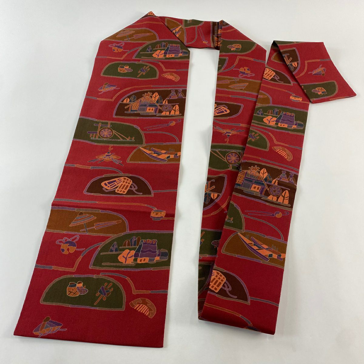 名古屋帶 優品級 圍爐 家屋 縮緬 紅紫 純蠶絲