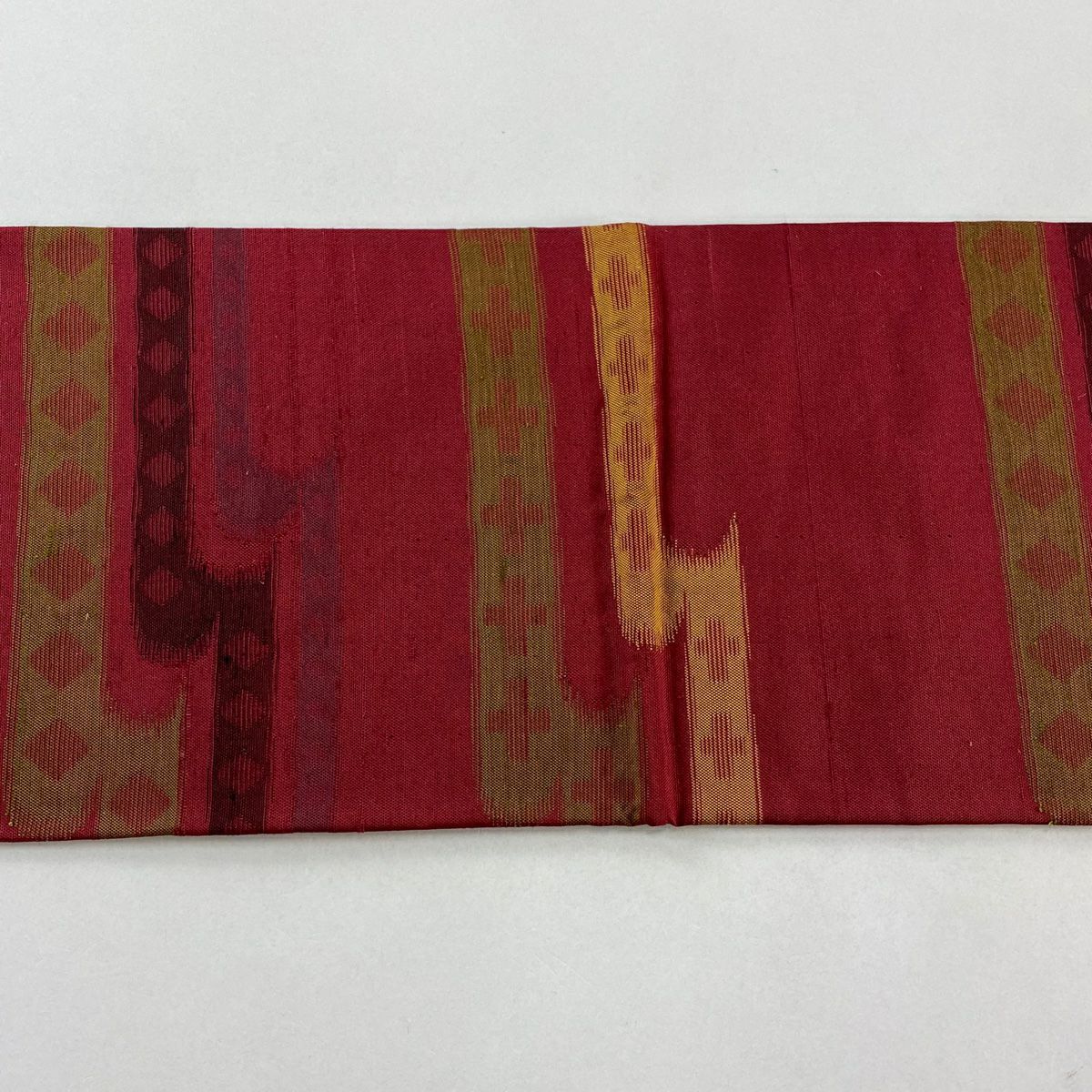 【美品】名古屋帶 優品級 紬織織 幾何學 菱 深紅 純蠶絲