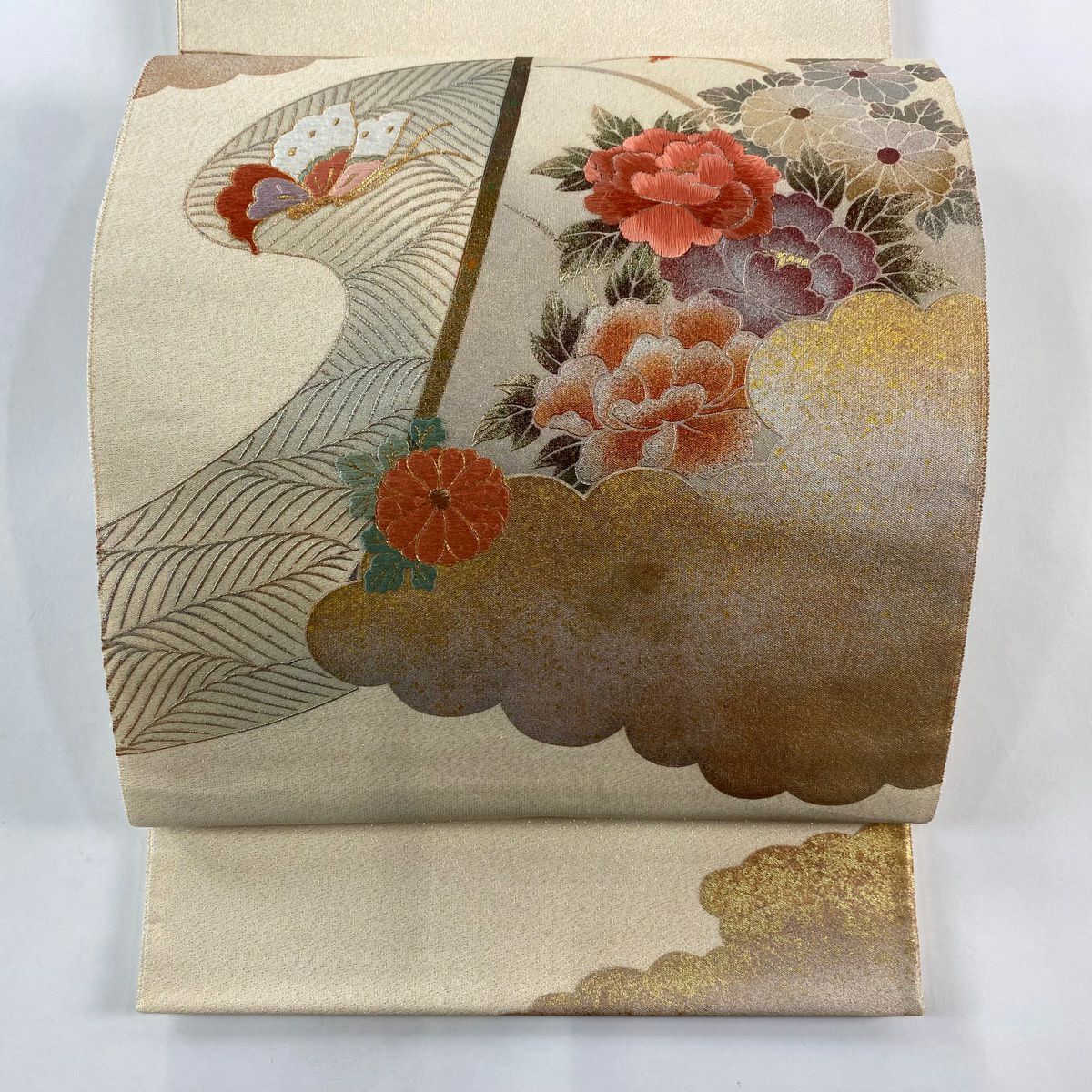 袋帶 秀品級 草花紋紋 蝶 金絲 金銀彩 奶油色 大鼓圖案 純蠶絲