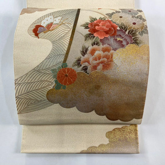 袋帶 秀品級 草花紋紋 蝶 金絲 金銀彩 奶油色 大鼓圖案 純蠶絲