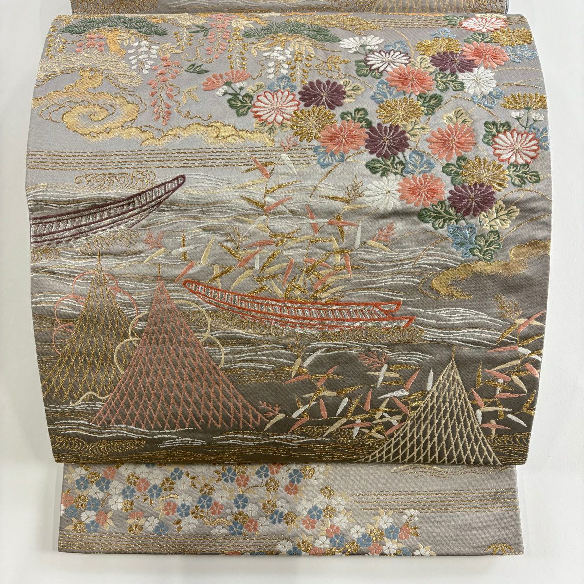 袋帶 秀品級 草花紋紋 舟 刺繡 金線 灰色 六通 純蠶絲