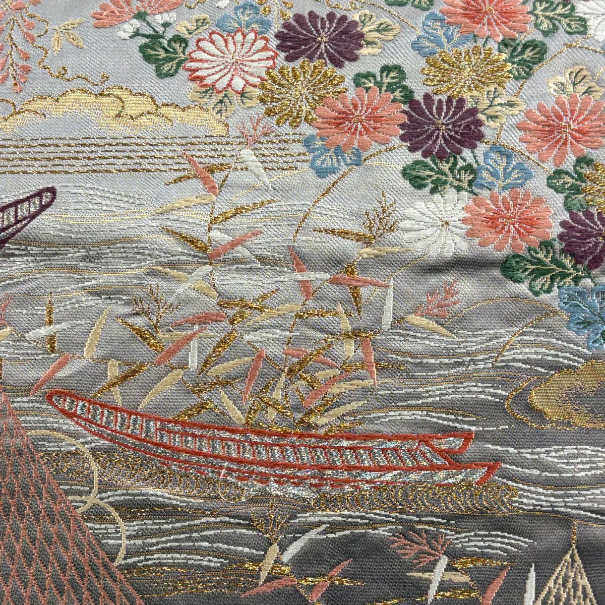 袋帶 秀品級 草花紋紋 舟 刺繡 金線 灰色 六通 純蠶絲