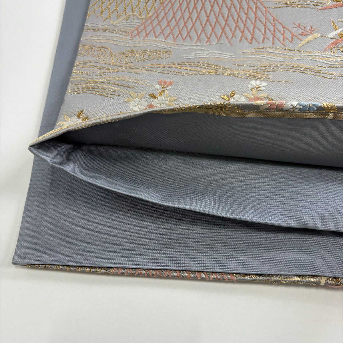 袋帶 秀品級 草花紋紋 舟 刺繡 金線 灰色 六通 純蠶絲