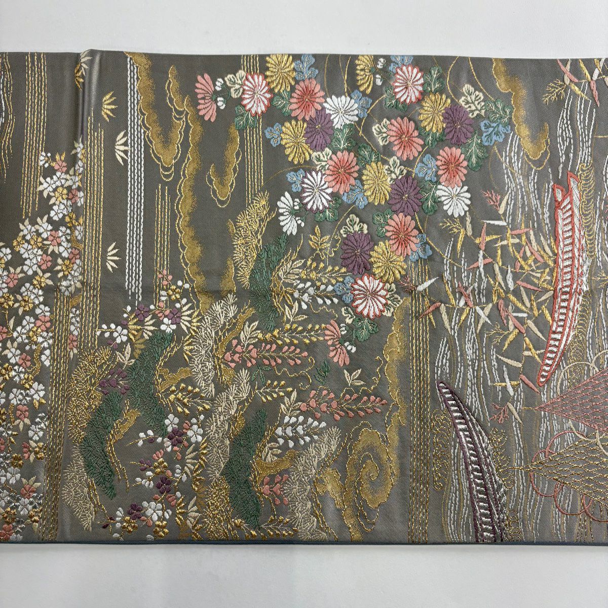 袋帶 秀品級 草花紋紋 舟 刺繡 金線 灰色 六通 純蠶絲