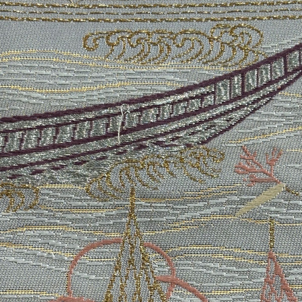 袋帶 秀品級 草花紋紋 舟 刺繡 金線 灰色 六通 純蠶絲