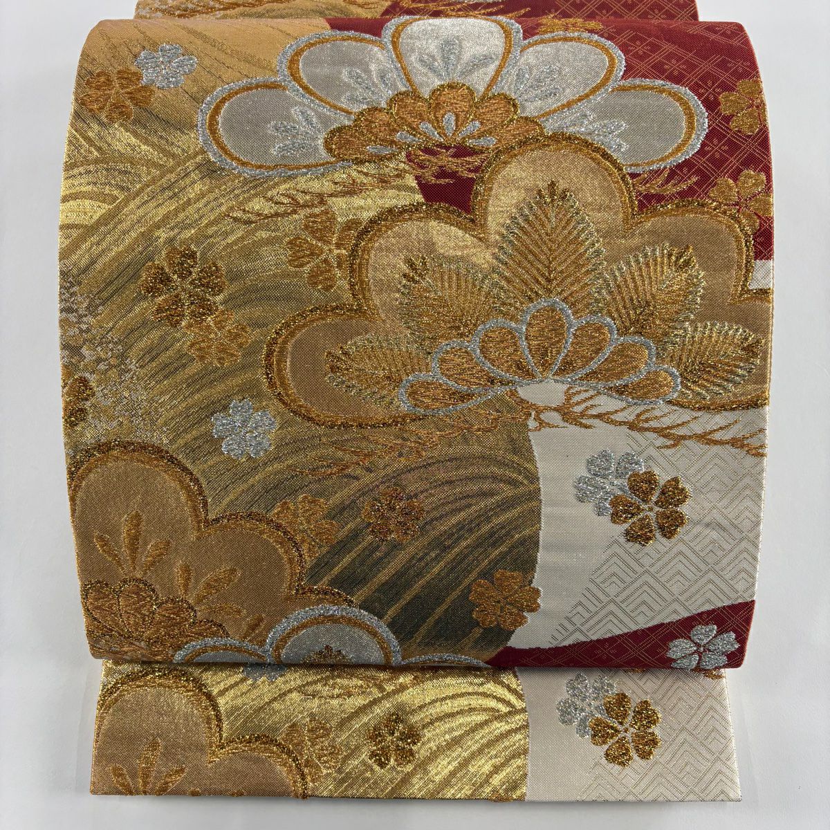 【美品】 袋帶 秀品級 松樹 樱 金金箔 金色 六通 純蠶絲
