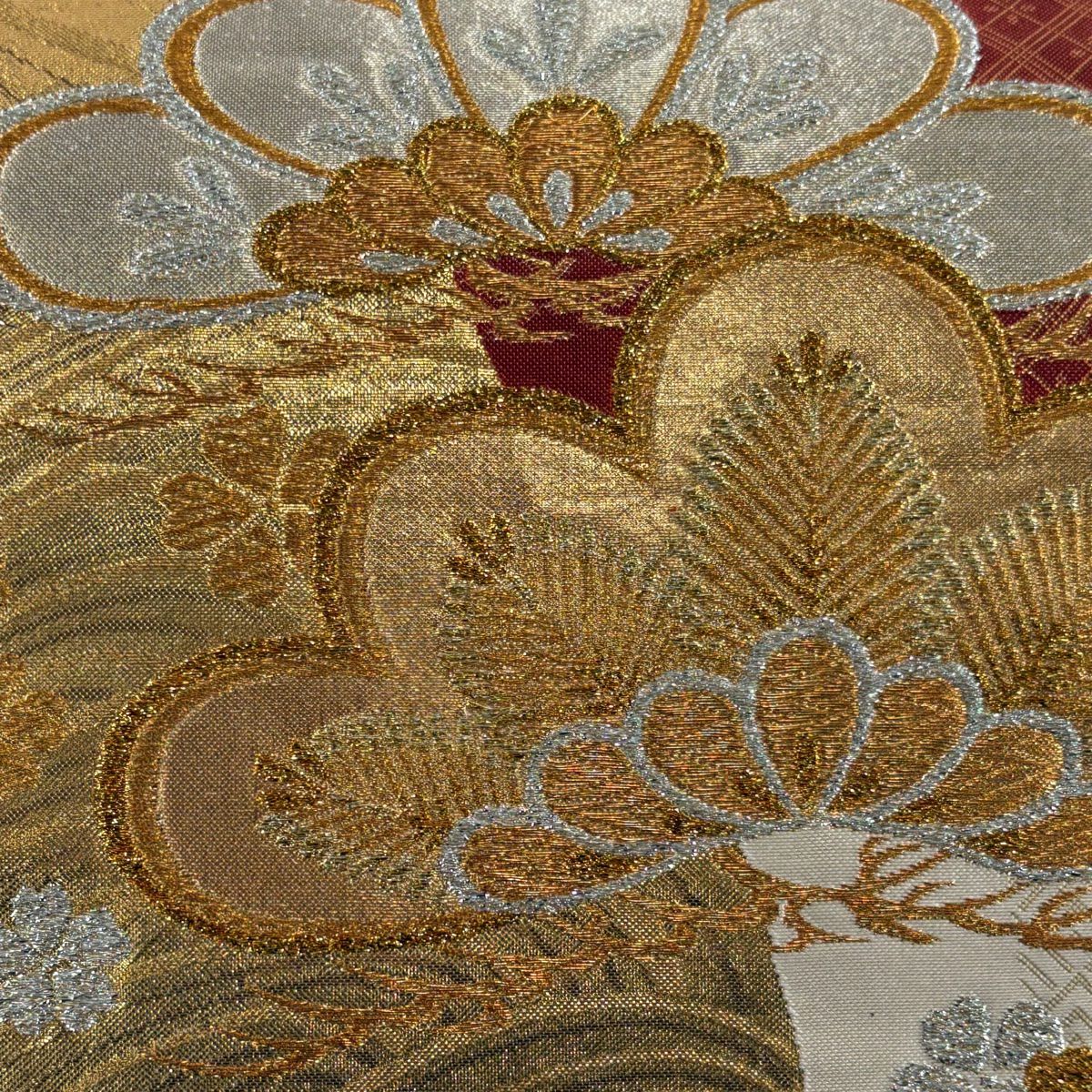 【美品】 袋帶 秀品級 松樹 樱 金金箔 金色 六通 純蠶絲