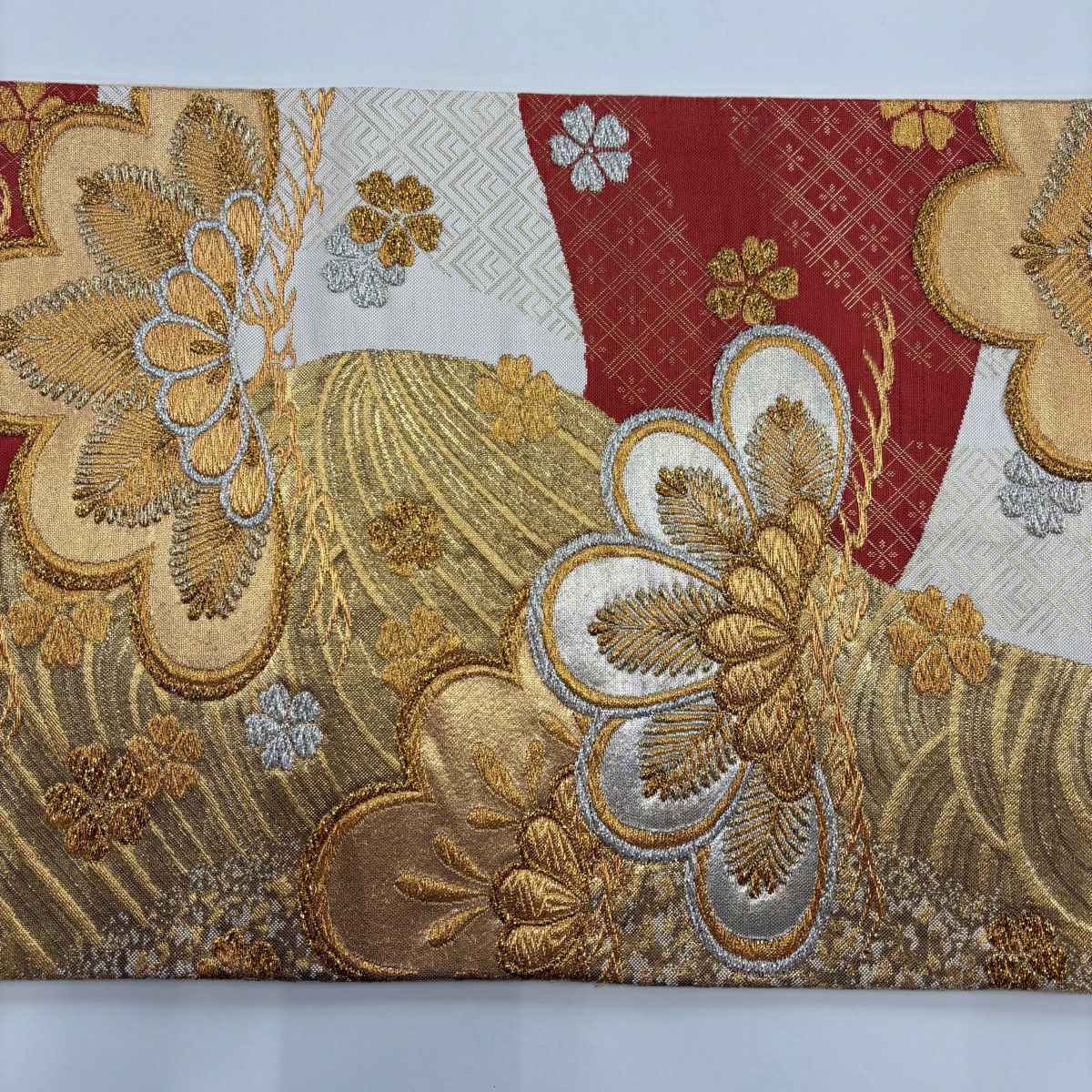【美品】 袋帶 秀品級 松樹 樱 金金箔 金色 六通 純蠶絲