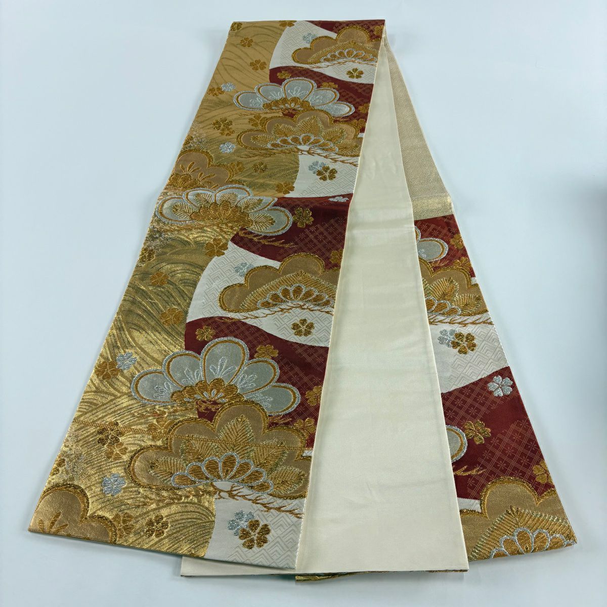 【美品】 袋帶 秀品級 松樹 樱 金金箔 金色 六通 純蠶絲