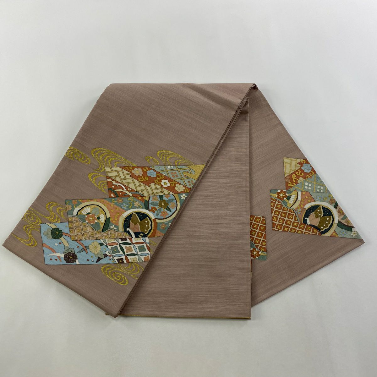 【美品】 袋帶 逸品級 花蝶 観世水 金絲 薄小豆 大鼓圖案 純蠶絲