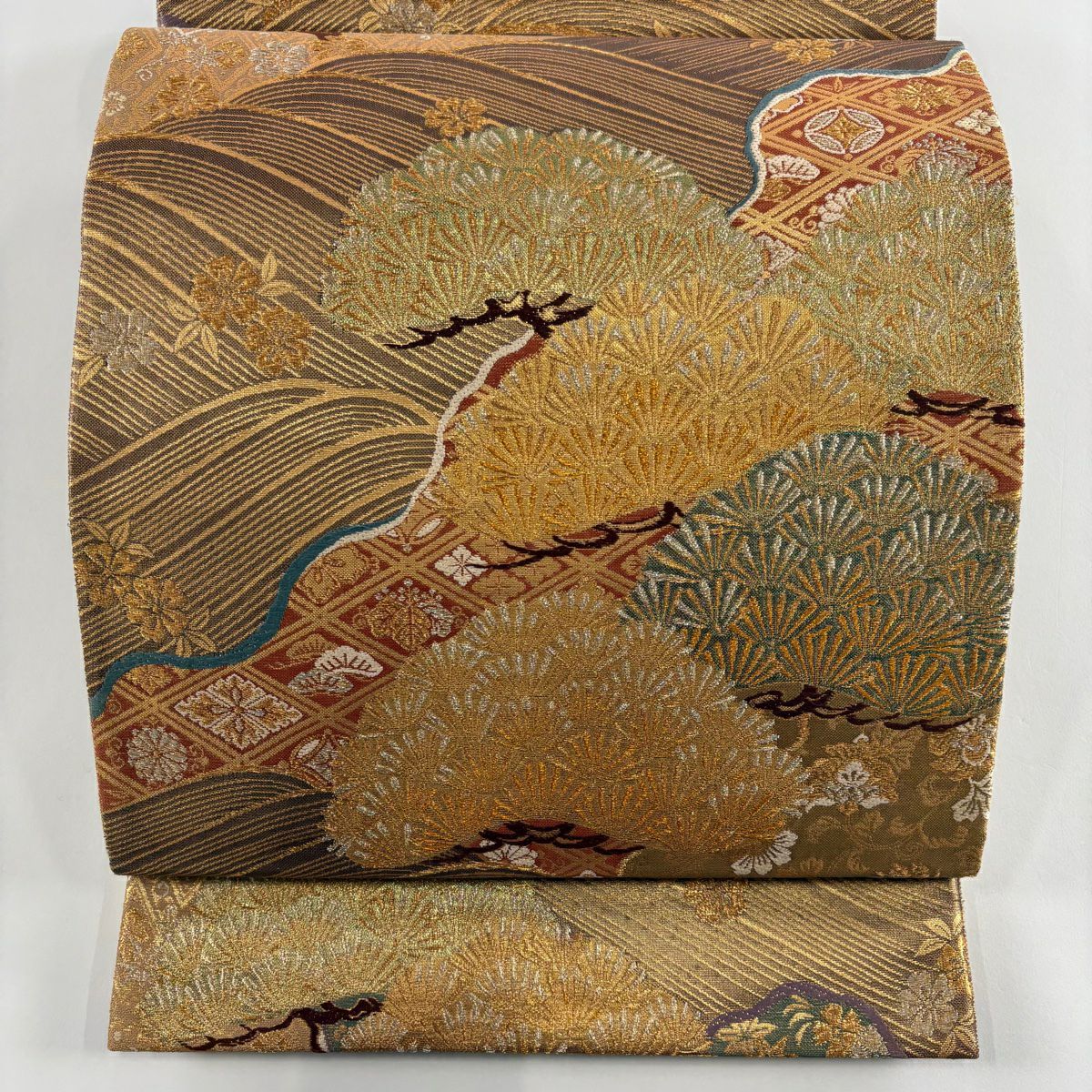 【美品】 袋帶 秀品級 松樹 波 金銀絲 金金箔 金色 六通 純蠶絲