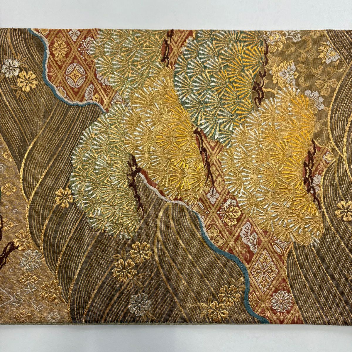 【美品】 袋帶 秀品級 松樹 波 金銀絲 金金箔 金色 六通 純蠶絲