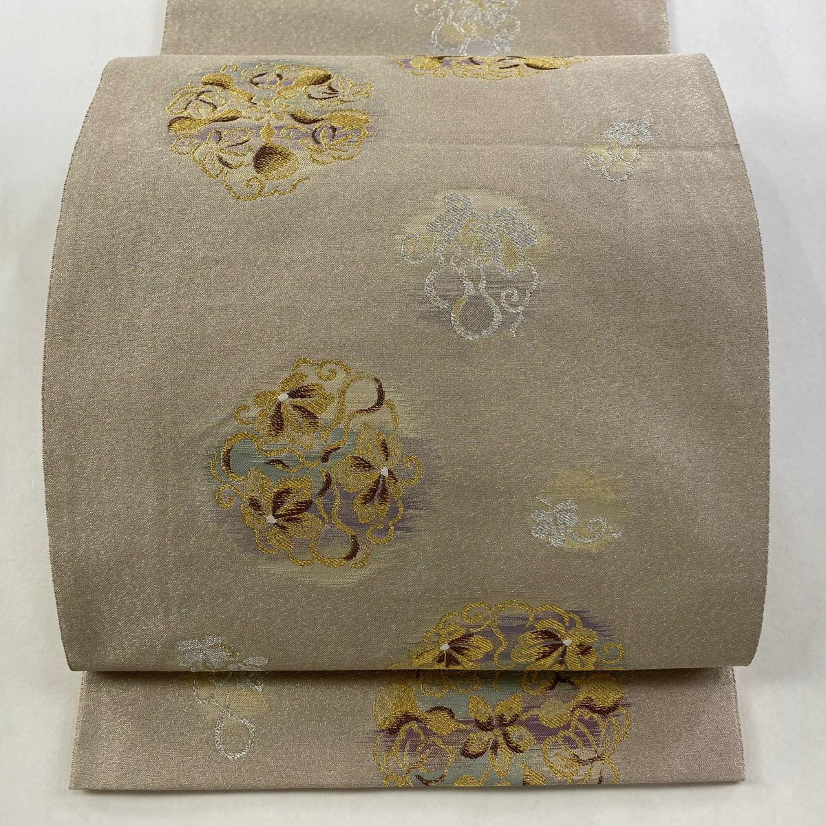 【美品】 袋帶 名品級 華紋 花唐草紋 金銀彩 灰茶 六通 純蠶絲