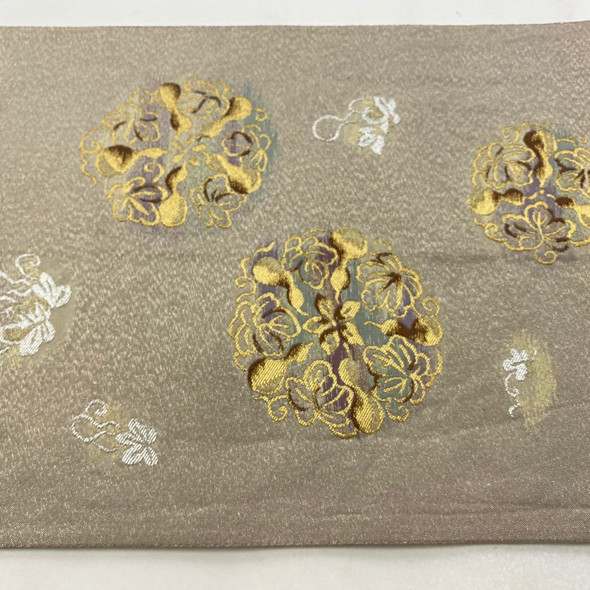 【美品】 袋帶 名品級 華紋 花唐草紋 金銀彩 灰茶 六通 純蠶絲