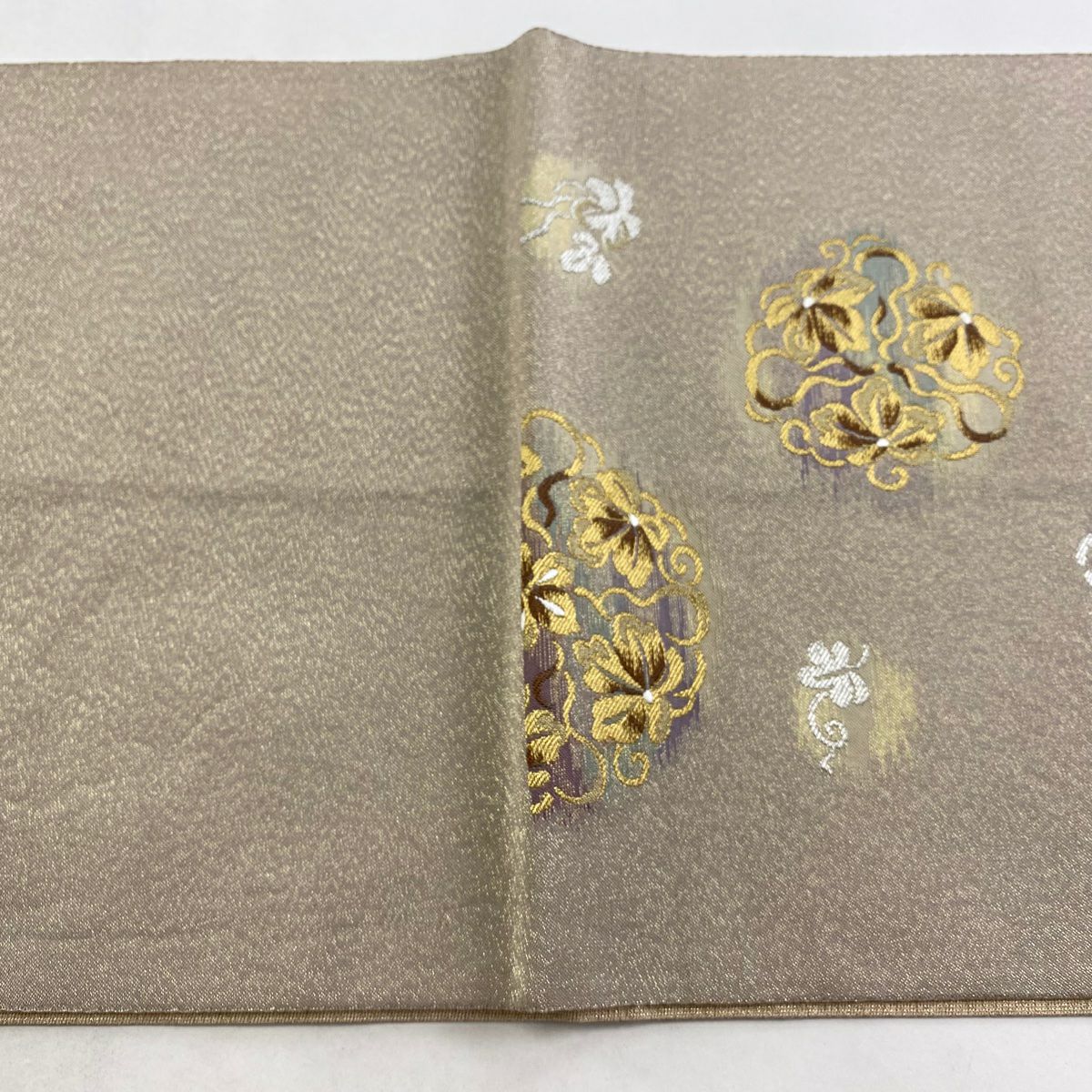【美品】 袋帶 名品級 華紋 花唐草紋 金銀彩 灰茶 六通 純蠶絲