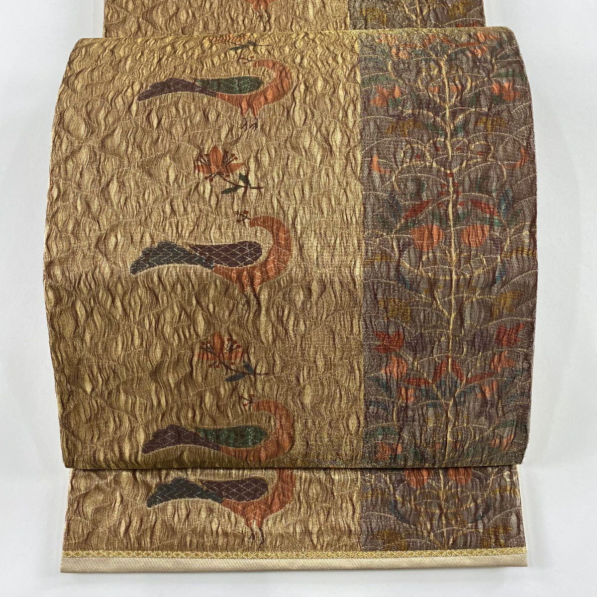 【美品】 袋帶 秀品級 關西仕立 雀 草花紋 金絲 金 六通 純蠶絲