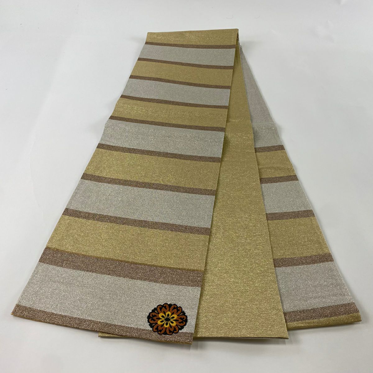 【美品】 袋帶 秀品級 段紋 單點圖案 金金箔 淺黃土色 六通 純蠶絲