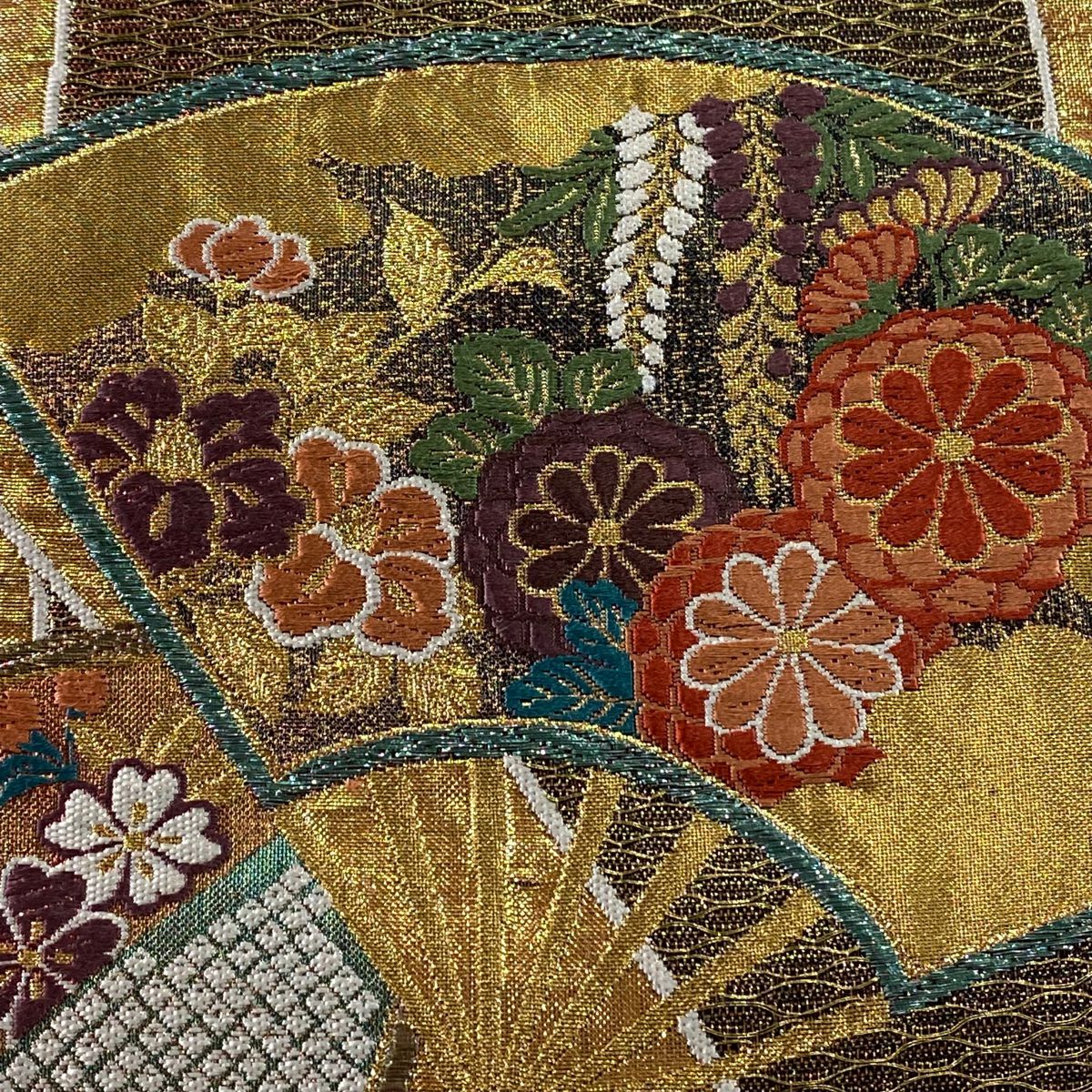 袋帶 秀品級 扇子子 竹子葉 金絲 金金箔 金色 六通 純蠶絲