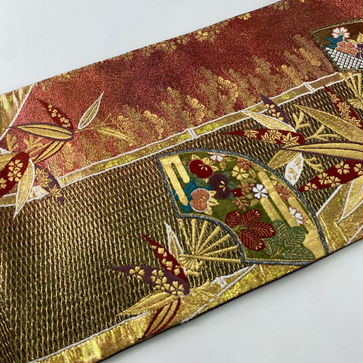 袋帶 秀品級 扇子子 竹子葉 金絲 金金箔 金色 六通 純蠶絲