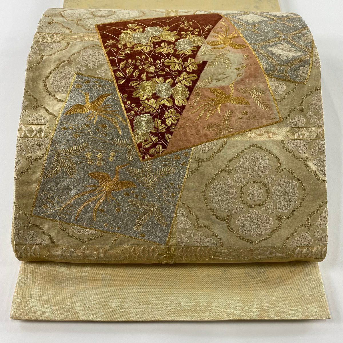 袋帶 秀品級 色紙 草花紋刺繡 金銀彩 金 純蠶絲