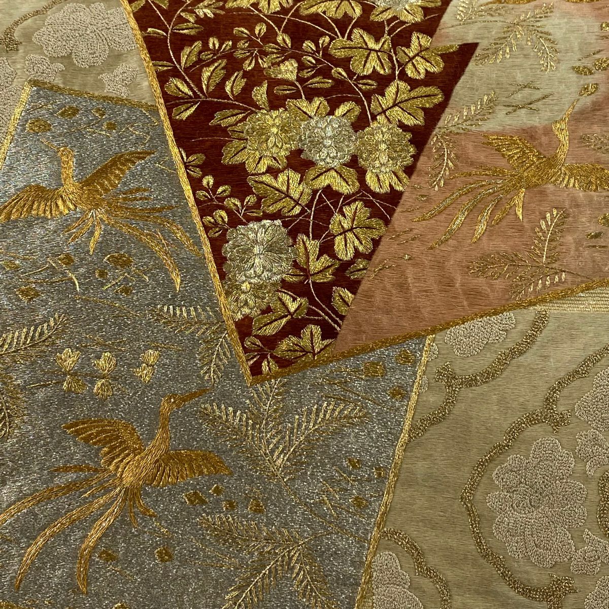 袋帶 秀品級 色紙 草花紋刺繡 金銀彩 金 純蠶絲
