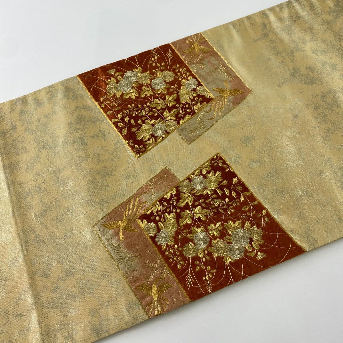袋帶 秀品級 色紙 草花紋刺繡 金銀彩 金 純蠶絲