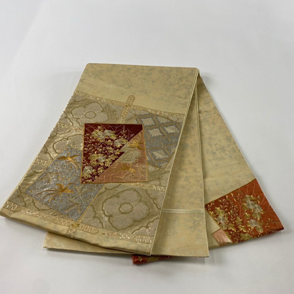 袋帶 秀品級 色紙 草花紋刺繡 金銀彩 金 純蠶絲