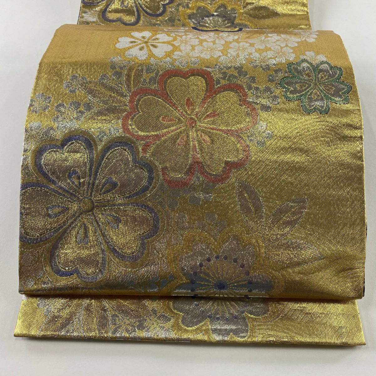袋帶 秀品級 振袖禮服禮服用 櫻花 波紋 金絲 金金箔 金色 六通 純蠶絲