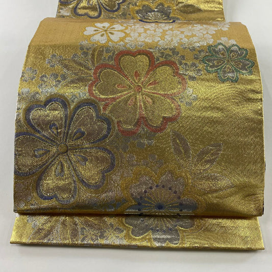 袋帶 秀品級 振袖禮服禮服用 櫻花 波紋 金絲 金金箔 金色 六通 純蠶絲