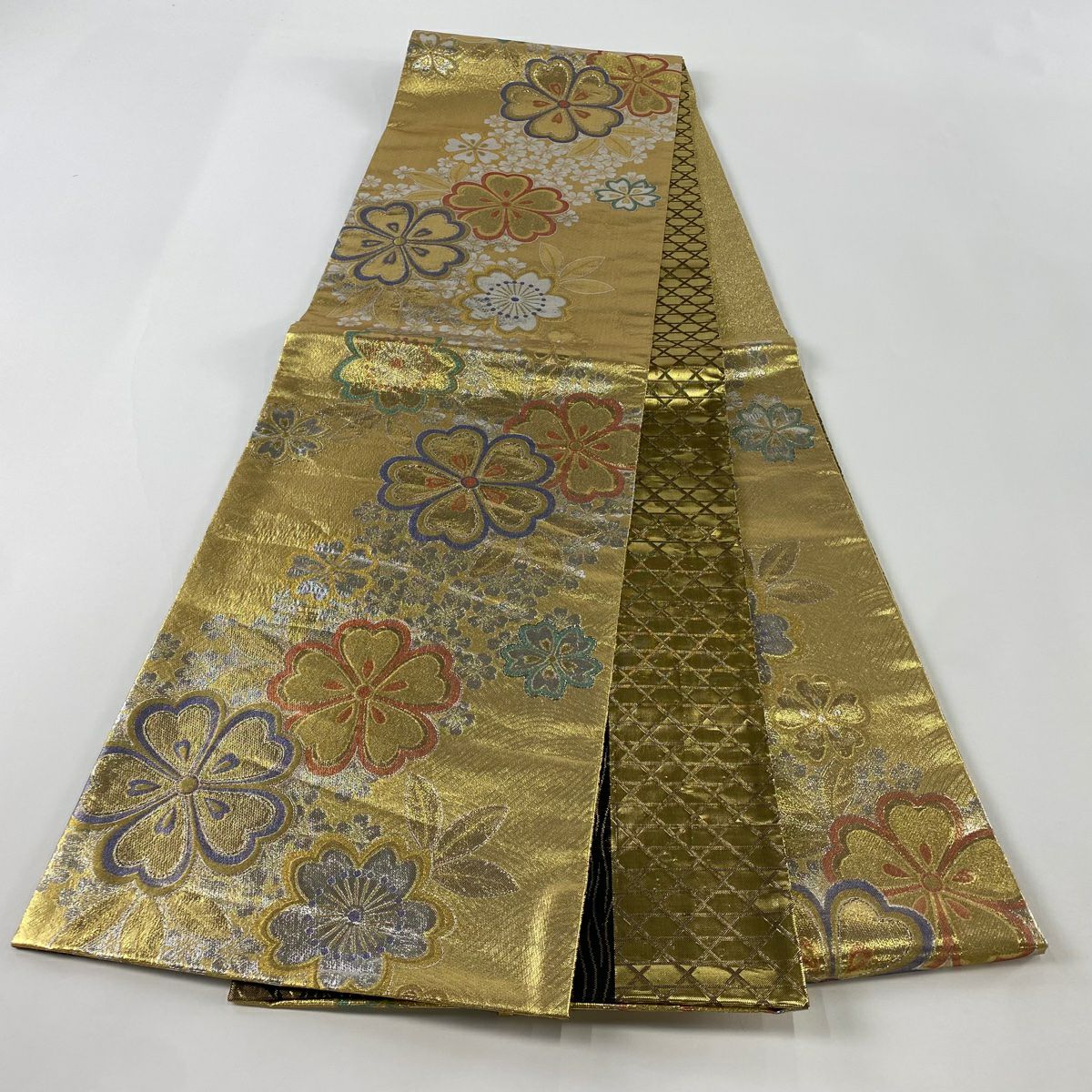 袋帶 秀品級 振袖禮服禮服用 櫻花 波紋 金絲 金金箔 金色 六通 純蠶絲